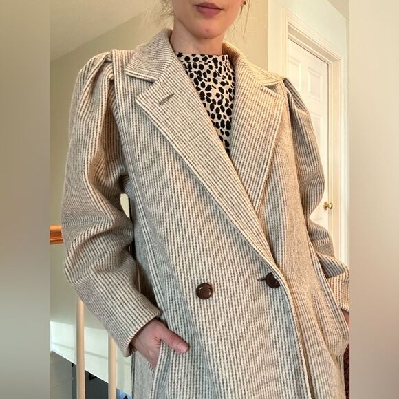 VINTAGE Jill Jr Pinstripe Wool Mid Length Coat OS Pleated Shoulders Neutral - Picture 5 of 16